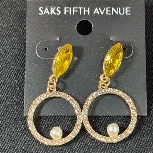 Saks Fifth Ave Yellow Marquis Crystal Post Drop Pave Crystal Circle w/Faux Pearl
